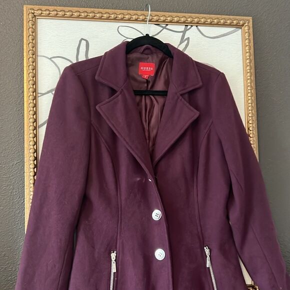 Guess Wool Coat Medium Boucle Wine Red Collar Tie Belt Women's Pea Coat long - Picture 3 of 6